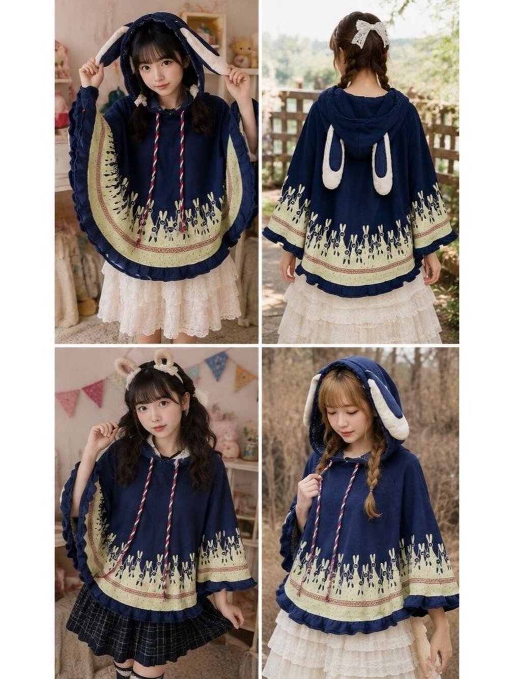 Yue Ran Youth XL Bunny Ear Hooded Poncho Cape Rabbit Print Kawaii Blue - Picture 6 of 8
